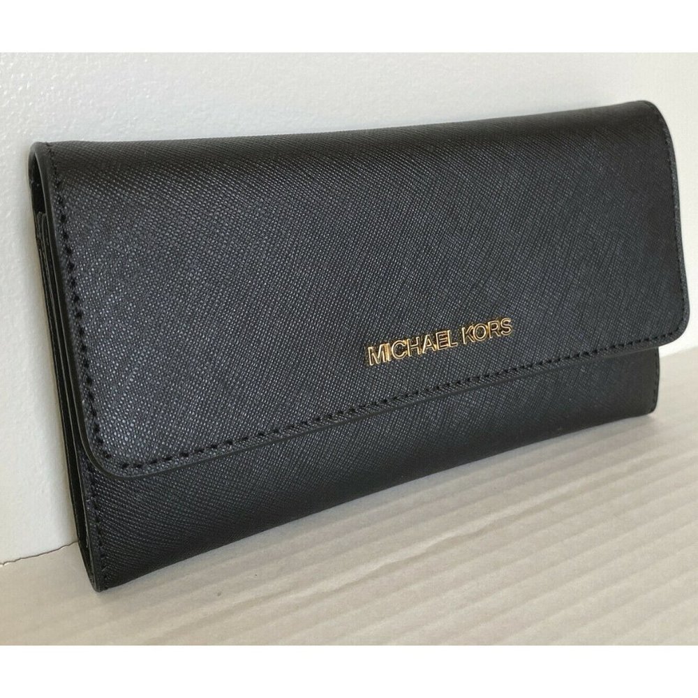 New Michael Kors Jet Set Travel Large Trifold Wallet Leather Black with Gold - Picture 6 of 6